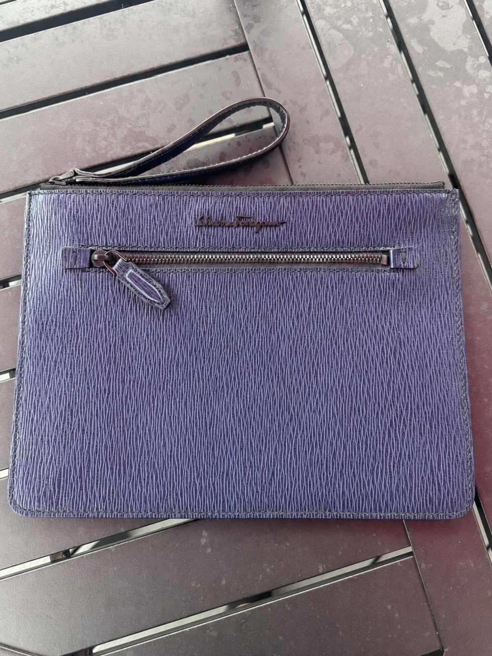 Salvatore Ferragamo Revival textured navy blue clutch